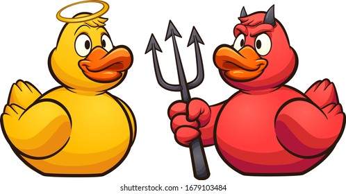 Cartoon angel and devil rubber ducks. Vector clip art illustration with simple gradients. All in a single layer.
