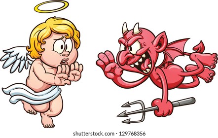 Cartoon angel and devil. Vector clip art illustration with simple gradients. All in a single layer.