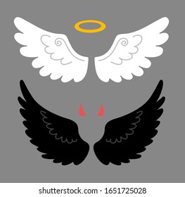 Cartoon angel and devil wings, horns and halo, isolated on white background. Good and bad. Vector flat illustration.