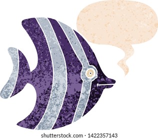 cartoon angel fish with speech bubble in grunge distressed retro textured style