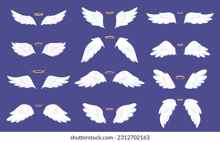 Cartoon angel flat wings. Wing angels and sparkle nimbus. Cute shining holy heaven elements. Simple fly bird symbols, snugly vector graphic