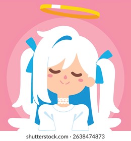 Cartoon Angel with Halo, White Hair, Blue Outfit, Pink Background