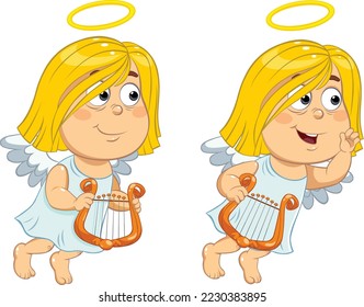Cartoon angel with harp.
Color vector illustration of a cartoon little angel holding harp.