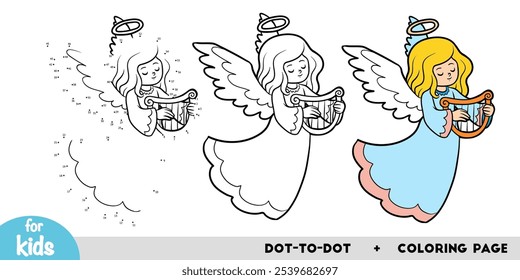 Cartoon angel and harp, education dot to dot game for children. Christmas activity worksheet