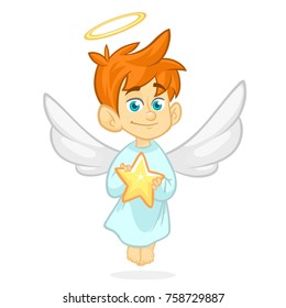 Cartoon angel holding a Christmass star. Vector illustration for holidays