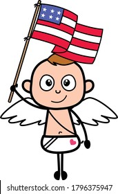 Cartoon Angel holding Flag of USA Character Design Illustration