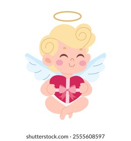 A cartoon angel holding a red heart with a bow. The angel is smiling