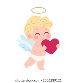 A cartoon angel holding a red heart. The angel is wearing wings and is smiling. The heart is in the middle of the image