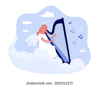 Cartoon angel playing harp flat vector illustration. Girl with wings and halo above her head engaged in music sitting on cloud in sky. Religion, music, heaven, hobby, inspiration concept for design