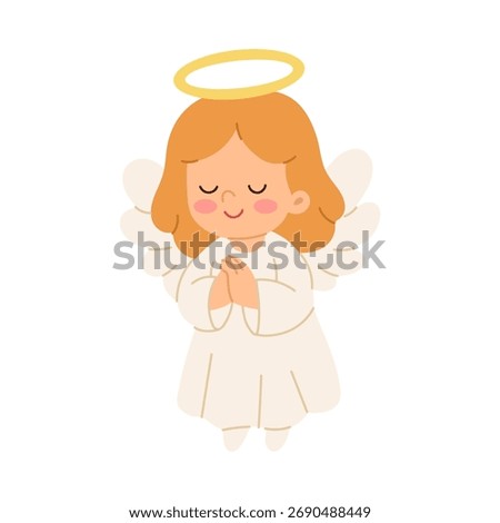 A cartoon angel is praying with her hands together. She is wearing a white dress and has a golden halo on her head