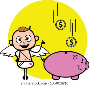 Cartoon Angel saving money in piggy bank