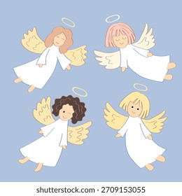 Conjunto de ángel de dibujos animados. Ilustración vectorial de ángel de bebé volador para la decoración de vacaciones de Navidades.