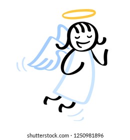 Cartoon angel, stick figure, girl in white dress with wings and halo isolated on white background