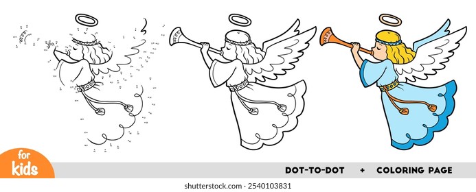Cartoon angel and trumpet, education dot to dot game for children. Christmas activity worksheet