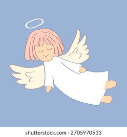 Anjo de animação. Ilustração vetorial do anjo do cabelo rosa do bebê voador para a decoração do feriado de Natal