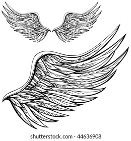 Cartoon angel wings in black and white. Drawn by hand.