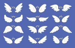 Cartoon Angel Wings. Drawing Wing With Halo, Cute Shining Winged Collection. Angels Or Birds, Holy Flying Elements. Racy Abstract Nimbus Vector Set
