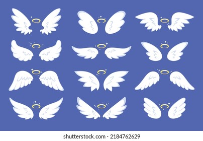 Cartoon angel wings. Drawing wing with halo, cute shining winged collection. Angels or birds, holy flying elements. Racy abstract nimbus vector set