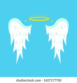Cartoon Angel Wings Freedom Concept Element Flat Design Style on a Blue Background. Vector illustration of Wing and Nimbus