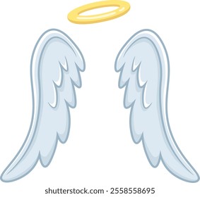 Cartoon angel wings and halo floating gracefully, symbolizing purity, spirituality, and divine presence, perfect for religious or fantasy themed projects