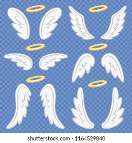 Cartoon angel wings. Holy angelic nimbus and heavenly angels wing flight feather and halo sign. Flying winged angeles, saint fly fantasy vector illustration isolated icons set