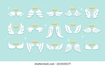 Cartoon angel wings and nimbus set. White feather wings for cupid kid angelic with golden nimbus isolated on blue background. Magic concept. Flat vector illustration