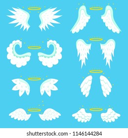 Cartoon Angel Wings Set Freedom Concept Element Flat Design Style on a Blue Background. Vector illustration of Wing