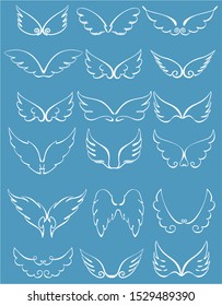 Cartoon angel wings set. Hand drawn wings, cartoon birds or angels vector sketch icons