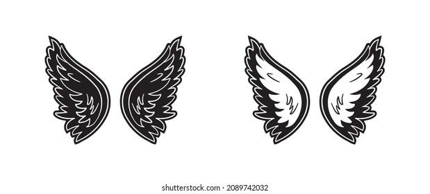Cartoon angel wings vector icon, black silhouettes drawing isolated on white background. Retro simple illustration