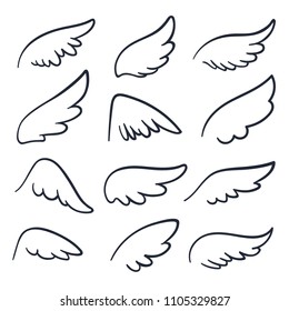 Cartoon angel wings. Winged doodle sketch icons. Angels and bird vector symbols isolated. Wing sketch tattoo, feather falcon contour illustration