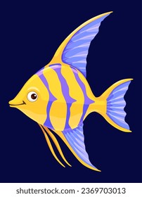 Caricatura de peces angelfish acuario carácter divertido. El ecosistema de los ríos o lagos tropicales, la fauna de agua dulce y el lindo personaje vectorial. Mascota del pasatiempo acuario, mascota animada del pez ángel o personaje infantil