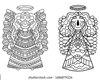 Cartoon angels with grand wings coloring page for kids and adults home pastime. Two angels elegance detailed  black and white stock vector illustration. Smiling heaven characters isolated on white.