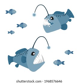 Cartoon angler fish set. Vector illustration of anglerfish characters isolated on white