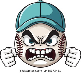 Cartoon angry baseball ball character wearing blue hat