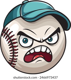 Cartoon angry baseball ball character wearing blue hat