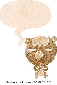 cartoon angry bear with speech bubble in grunge distressed retro textured style