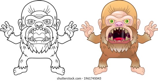 cartoon angry bigfoot, coloring book, funny illustration