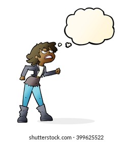 cartoon angry biker girl with thought bubble