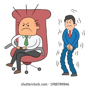 Cartoon angry boss man sitting in his chair and scared worker waiting behind him, vector illustration. Black outlined and colored.