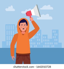 cartoon angry boy holding up a megaphone over urban city buildings background, colorful design, vector illustration