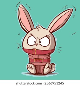 Cartoon angry bunny in a straitjacket. Asylum insane bunny being aggresive while being restricted.