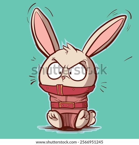 Cartoon angry bunny in a straitjacket. Asylum insane bunny being aggresive while being restricted.