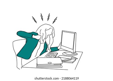 Cartoon of angry business woman expressing rage at her desk in the office. Continuous line art
