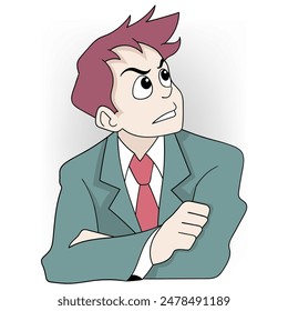 Cartoon of an angry businessman with arms crossed, expressing stress. Ideal for workplace stress themes.