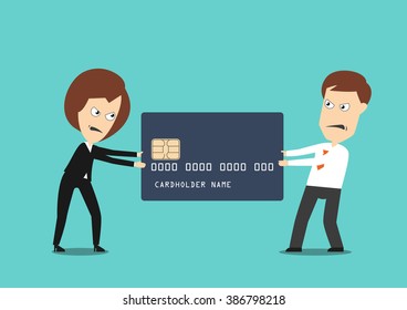 Cartoon angry businessman and businesswoman are fighting over plastic bank card for annual bonus or budget. Business struggle, conflict or challenge concept design