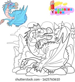 cartoon angry carnivore dragon, funny illustration, coloring book