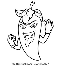 Cartoon angry chili pepper with tongue out line art