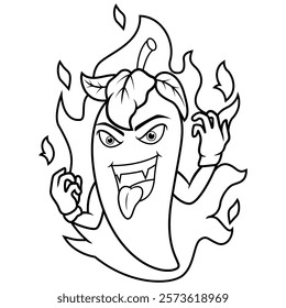 Cartoon angry chili pepper with tongue out line art