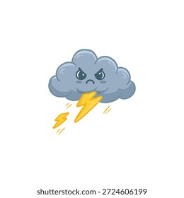 Caricatura nube enojada y trueno. Icono de Clima aislado en blanco. Nube de tormenta de lluvia en estilo plano. Mal Clima. Ilustración vectorial
