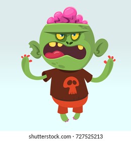 Cartoon angry cute  zombie wearing t-shirt with a grim reaper. Halloween vector illustration of happy monster
